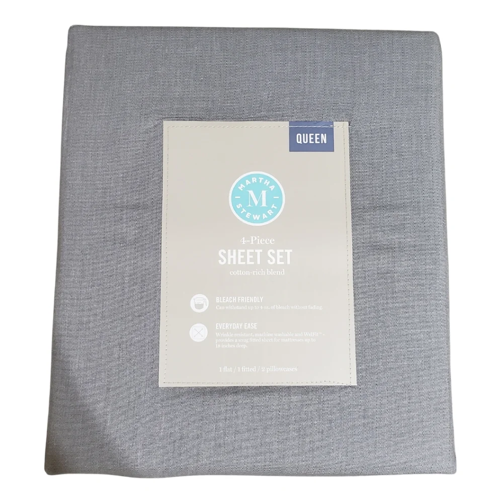 Martha Stewart Bleach Master 4-piece Queen Sheet Set Gray NWT!